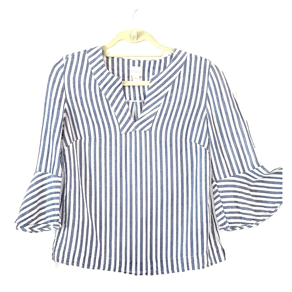 Chico’s blue and white stripe sear sucker shirt